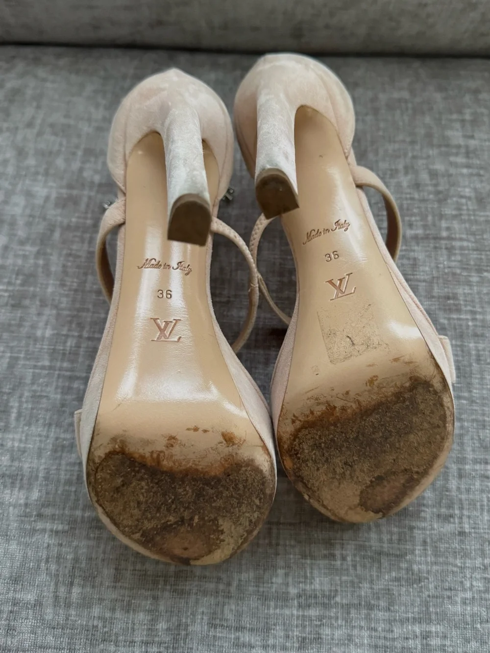Louis Vuitton Appeal Crystal Monogram Suede Platform Heels Nude 36